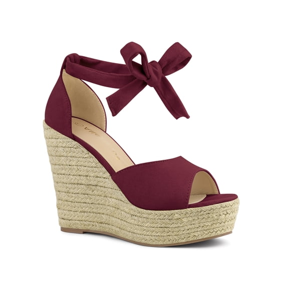 BLISSFUL STEP Women's Shoes Espadrilles Wedge Tie Up Ankle Strap Sandals Burgundy 9