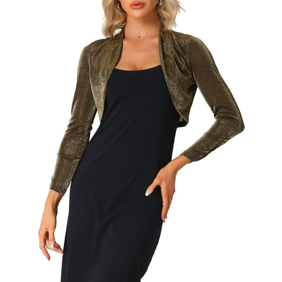 INSPIRE CHIC Women's Evening Open Front Long Sleeves Elegant Sheer Glitter Shrug L Black Gold