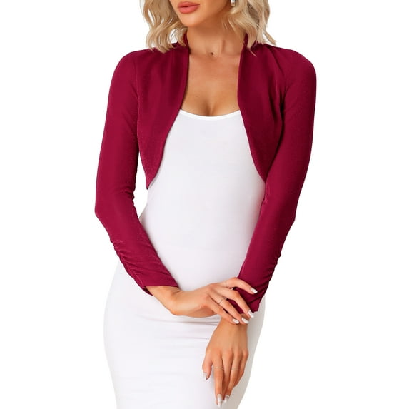 INSPIRE CHIC Women's Evening Open Front Long Sleeves Elegant Sheer Glitter Shrug XL Red