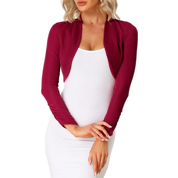 INSPIRE CHIC Women's Evening Open Front Long Sleeves Elegant Sheer Glitter Shrug XS Red