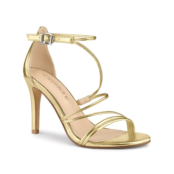 BLISSFUL STEP Women's Shoes Strappy Stiletto Heels Ankle Strap Open Toe Party Dress Sandals Gold 9