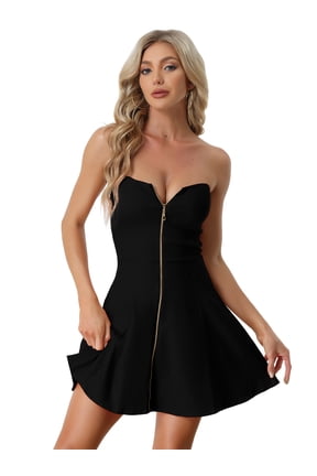 Women's Dress Exposed Zipper Front Strapless Prom Mini A-Line Tube Top Dress XS Black