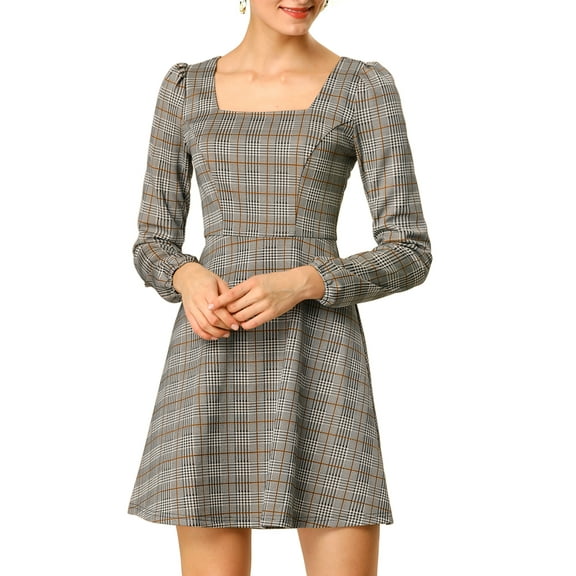 INSPIRE CHIC Women's Fall Square Neck Long Sleeves a-Line Plaids Dress Brown L