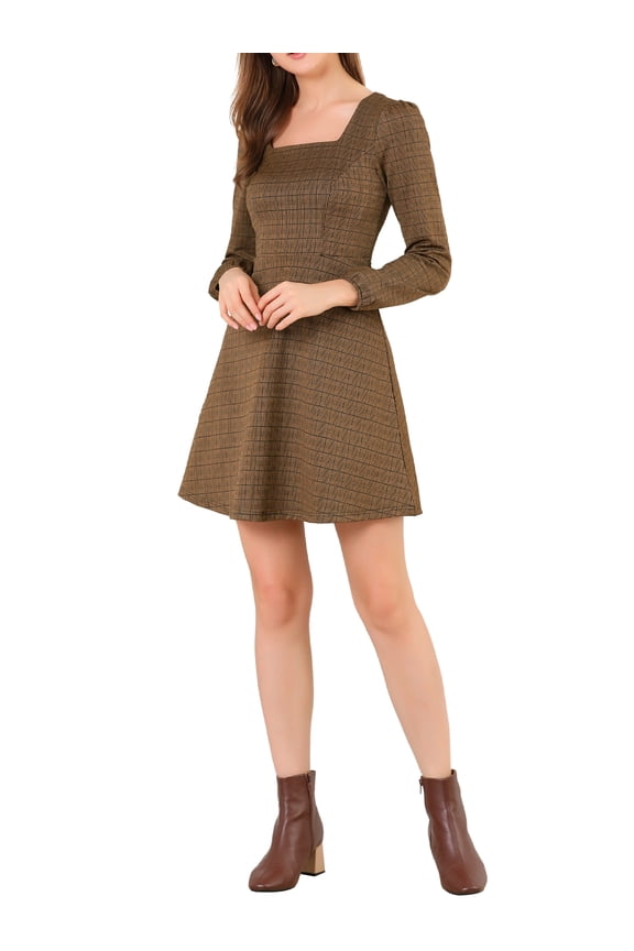 Women's Fall Square Neck Long Sleeves a-Line Plaids Dress L Brown-Gold