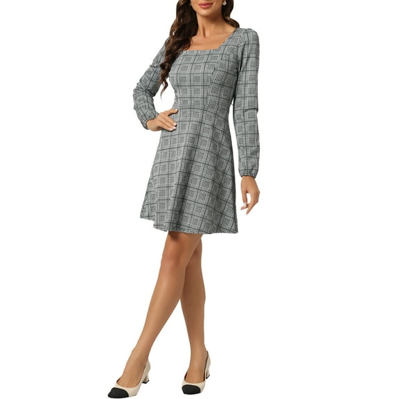 INSPIRE CHIC Women's Fall Square Neck Long Sleeves a-Line Plaids Dress Green L