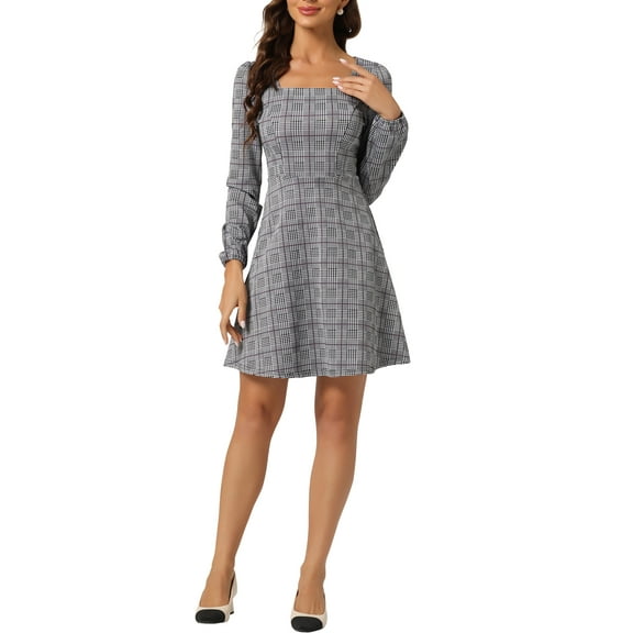 INSPIRE CHIC Women's Fall Square Neck Long Sleeves a-Line Plaids Dress Purple S