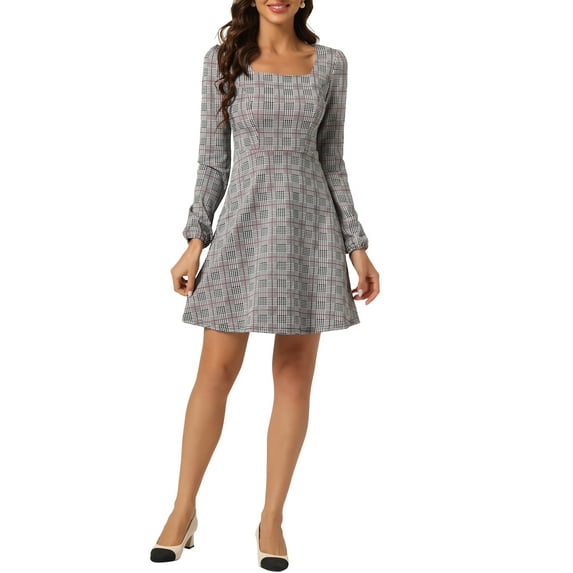 INSPIRE CHIC Women's Fall Square Neck Long Sleeves a-Line Plaids Dress Pinks M