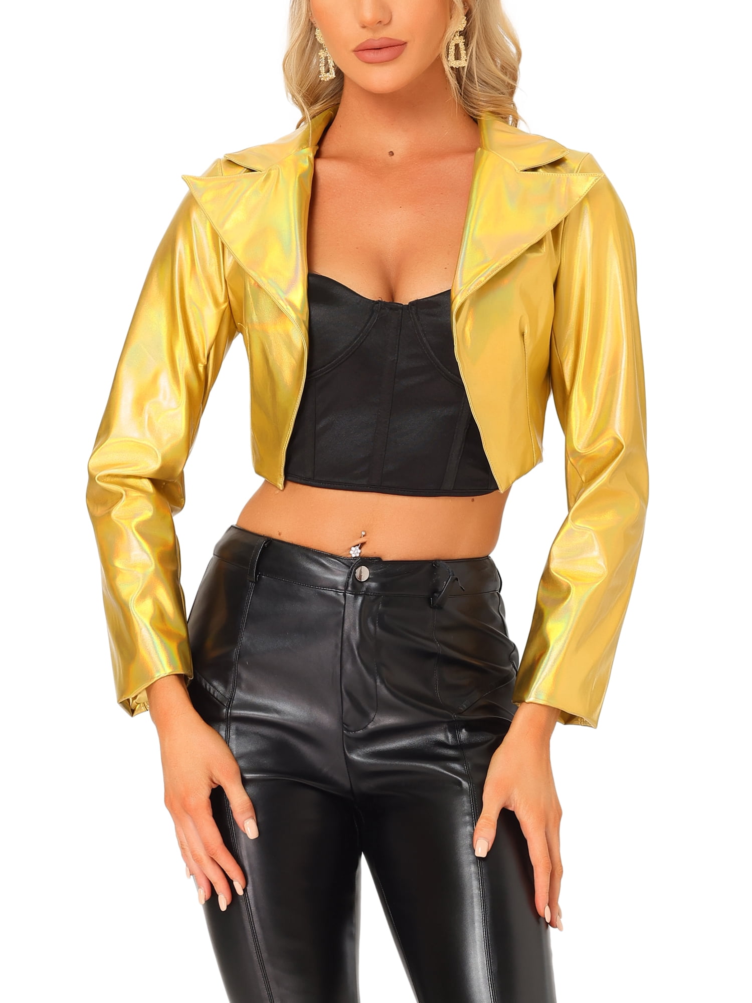 INSPIRE CHIC Women's Fashion Lapel Long Sleeve Metallic Holographic Shiny Jacket M Gold