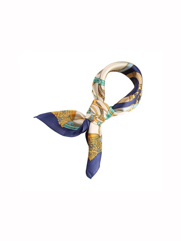 Women's 100% Silk Square Scarf Vintage Floral Print Neck & Head Scarf Luxury Hair Wrap 21 5/8 x 21 5/8″ Navy Green