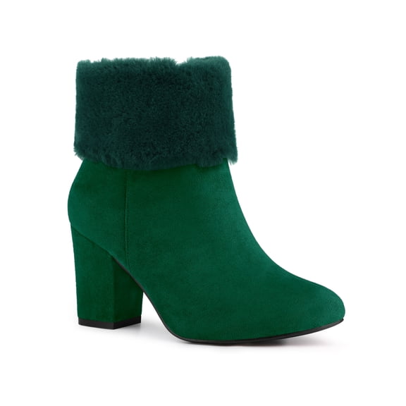 BLISSFUL STEP Women's Faux Fur Block Heel Round Toe Ankle Boots