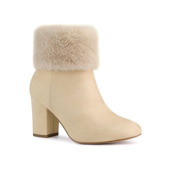 BLISSFUL STEP Women's Faux Fur Block Heel Round Toe Ankle Boots