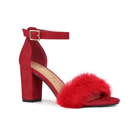 BLISSFUL STEP Women's Faux Fur Block Heels Sandals