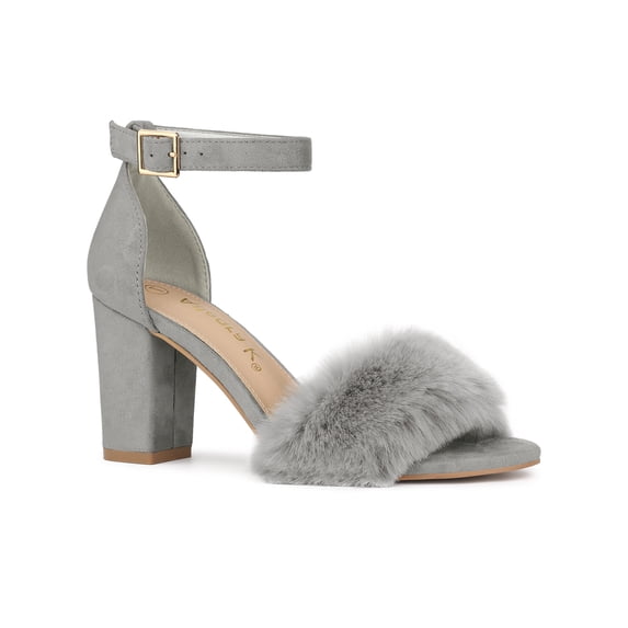 BLISSFUL STEP Women's Faux Fur Ankle Strap Block Heel Open Toe Sandals Gray 9