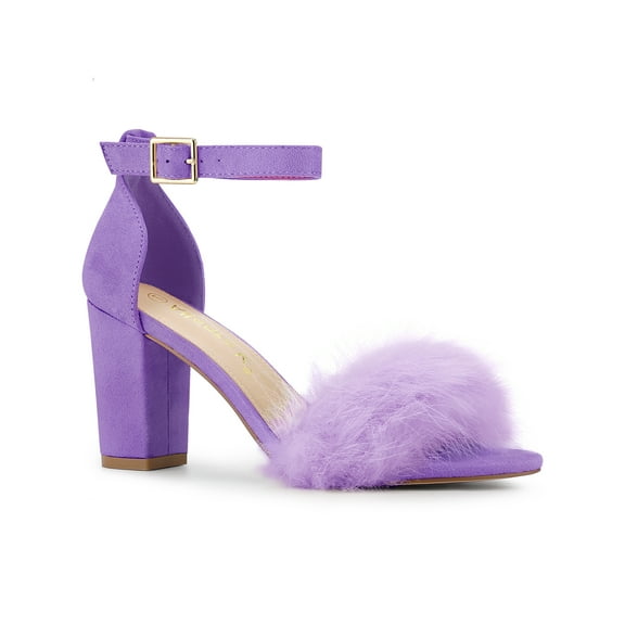 BLISSFUL STEP Women's Faux Fur Block Heels Sandals