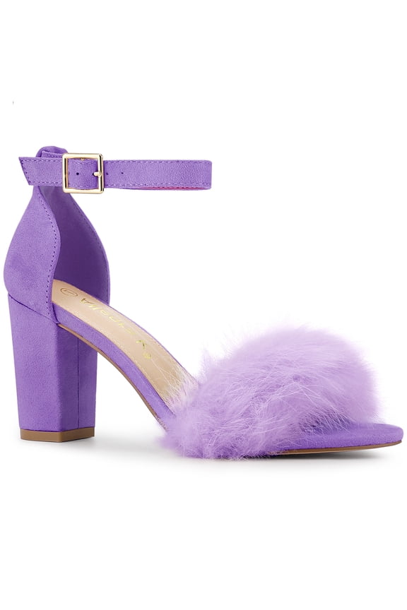 Women's Faux Fur Ankle Strap Block Heel Open Toe Sandals Purple 10