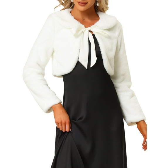 INSPIRE CHIC Women's Faux Fur Bolero Shrug Crop Jacket Evening Bow Tie Front Fluffy Coat 3XL White