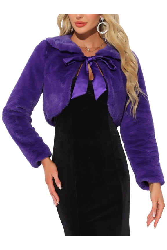 Women's Faux Fur Bolero Shrug Crop Jacket Evening Bow Tie Front Fluffy Coat L Purple