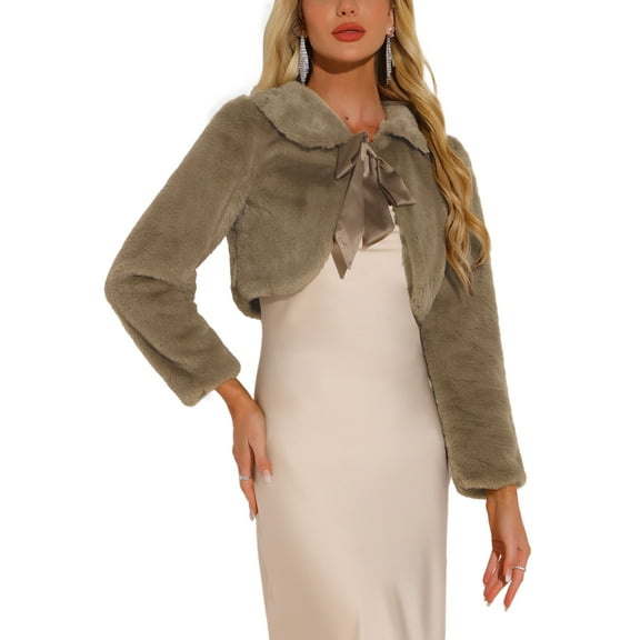 INSPIRE CHIC Women's Faux Fur Bolero Shrug Crop Jacket Evening Bow Tie Front Fluffy Coat S Dark Khaki