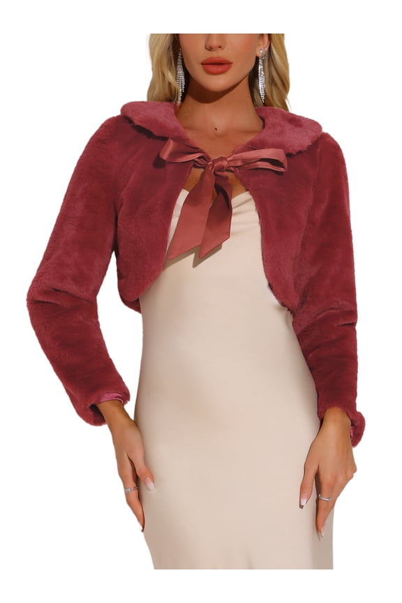 Women's Faux Fur Bolero Shrug Crop Jacket Evening Bow Tie Front Fluffy Coat XL Wine Red