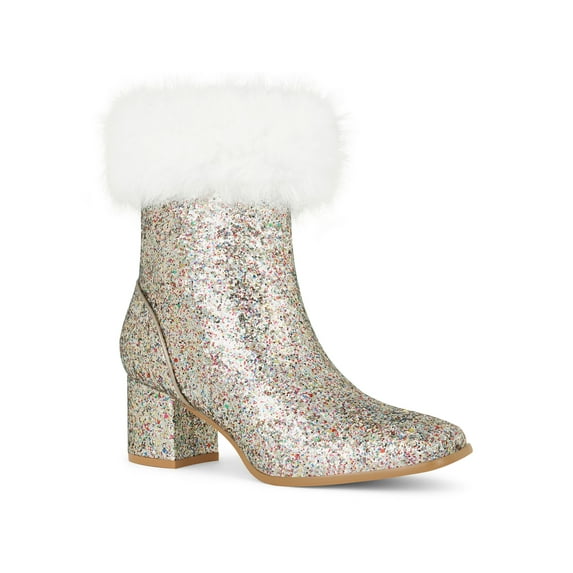 BLISSFUL STEP Women's Ankle Boots Glitter Faux Fur Square Toe Zipper Chunky Heel Boots Colorful Silver 5.5