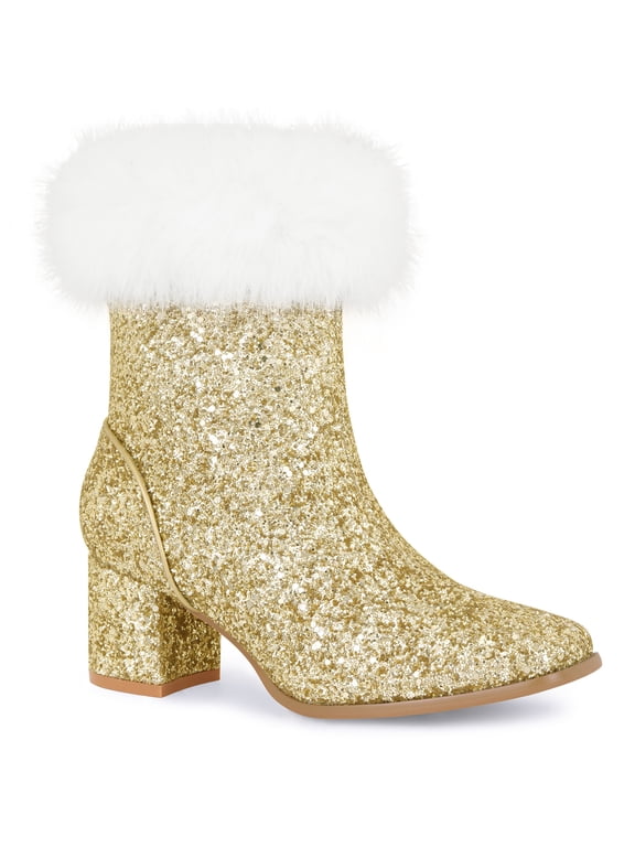 Women's Ankle Boots Glitter Faux Fur Square Toe Zipper Chunky Heel Boots Gold 8