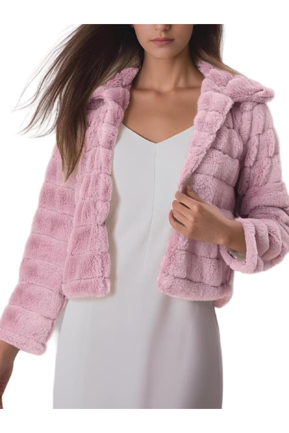 Women's Faux Fur Turn Down Collar Open Front Cropped Fluffy Jacket S Pink