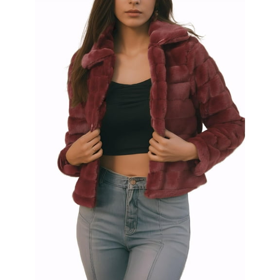 INSPIRE CHIC Women's Faux Fur Turn Down Collar Open Front Cropped Fluffy Jacket XS Burgundy