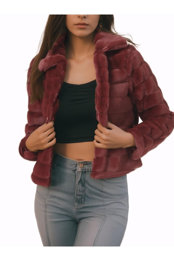 Women's Faux Fur Turn Down Collar Open Front Cropped Fluffy Jacket M Burgundy