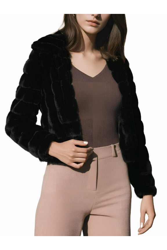 Women's Faux Fur Turn Down Collar Open Front Cropped Fluffy Jacket M Black