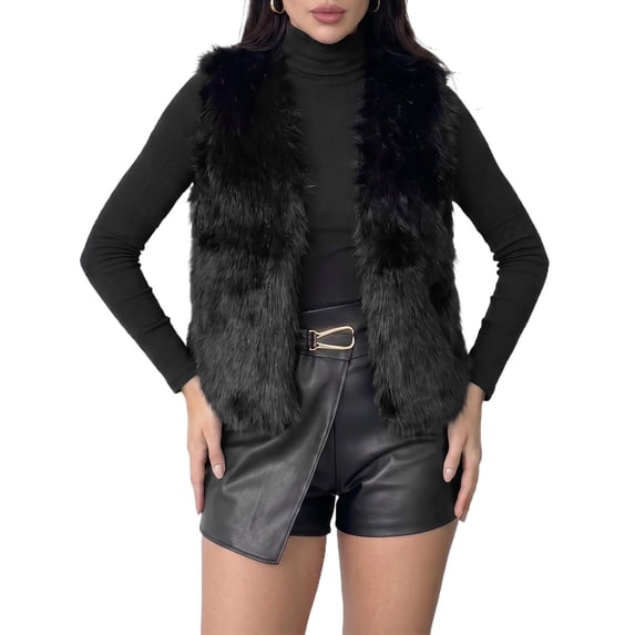 INSPIRE CHIC Women's Faux Fur Vest Sleeveless Open Front Cardigan Fuzzy Coat Winter Soft Waistcoat Jacket Outwear Small Black