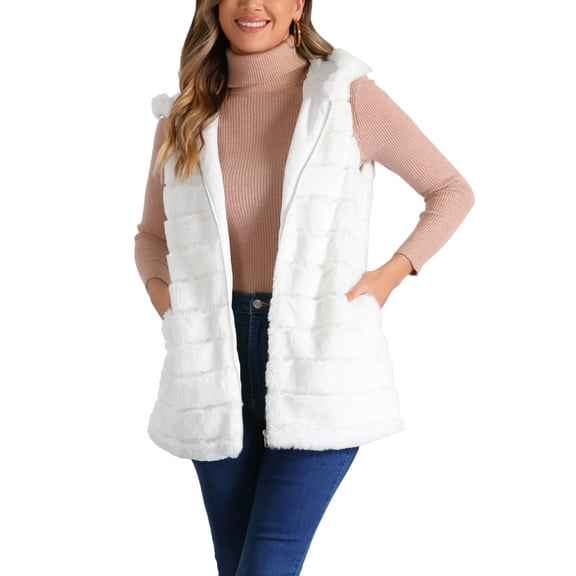INSPIRE CHIC Women's Faux Fur Vest Sleeveless Zip Up Hooded Waistcoat Outerwear