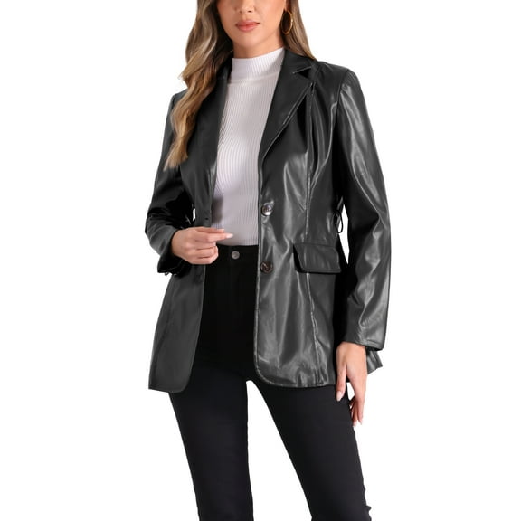 INSPIRE CHIC Women's Faux Leather Blazer Jackets Button Up Notched Lapel Tie Waist Blazer Coat with Pockets