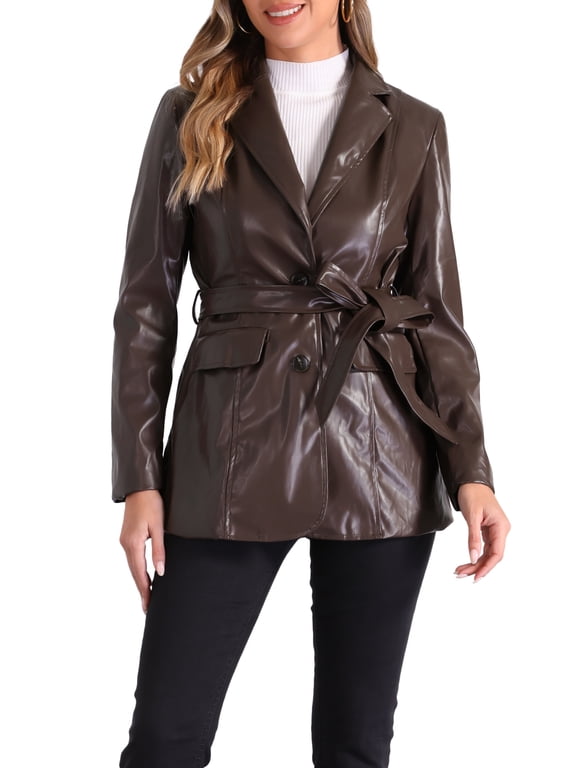 Women's Faux Leather Blazer Jackets Button Up Notched Lapel Tie Waist Blazer Coat with Pockets