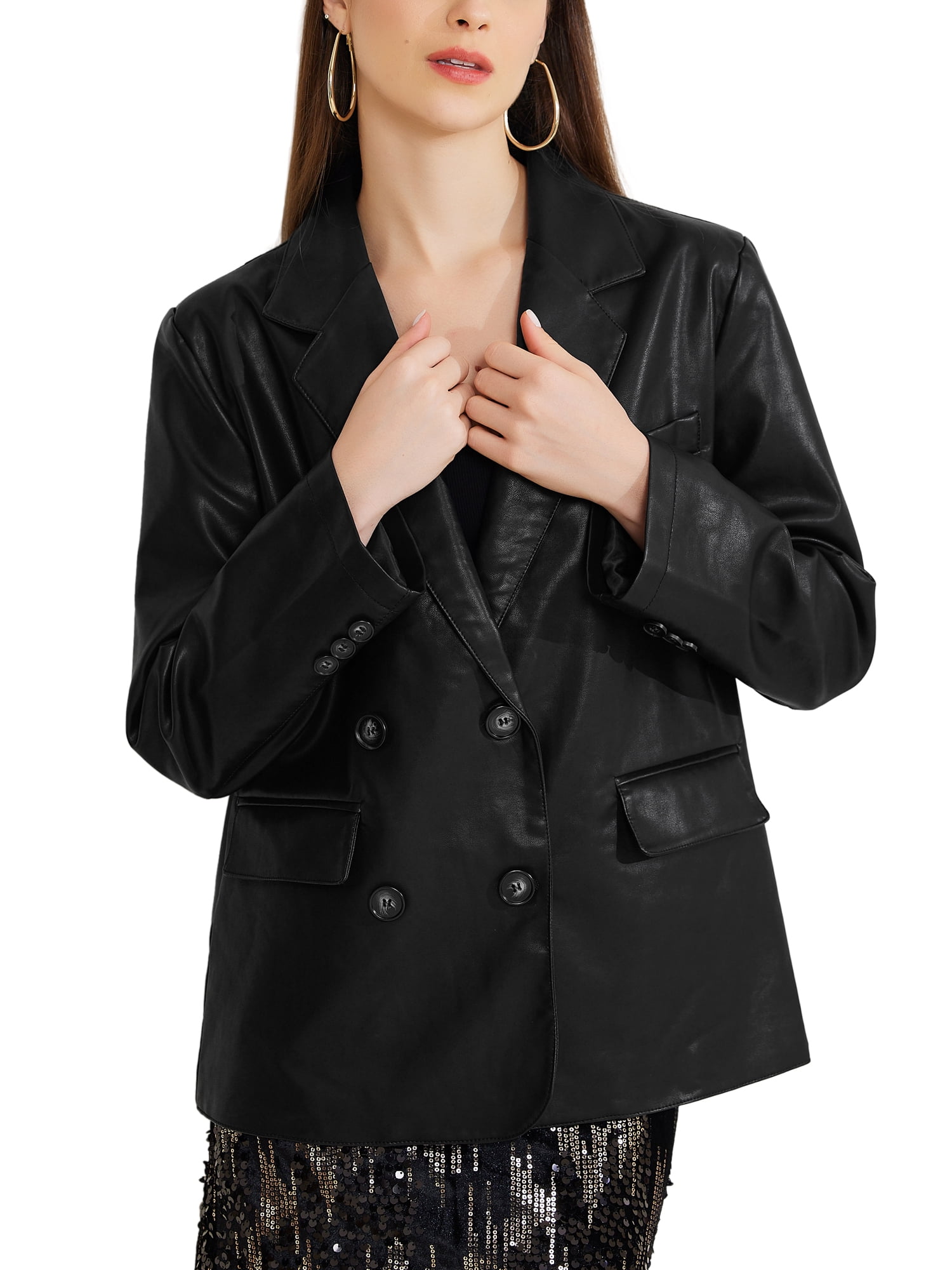 INSPIRE CHIC Women's Faux Leather Blazer Pockets Notch Lapel Work Casual Fall Winter Coat L Black