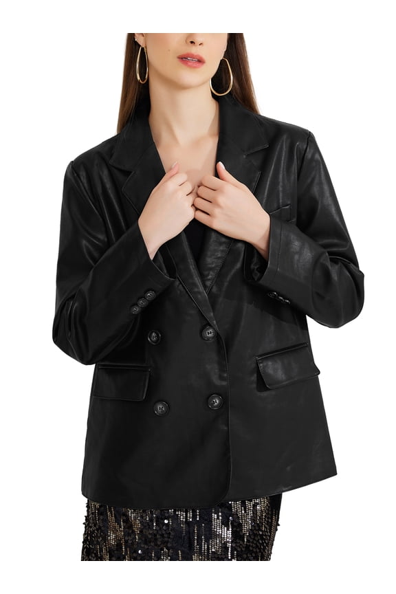 Women's Faux Leather Blazer Pockets Notch Lapel Work Casual Fall Winter Coat L Black