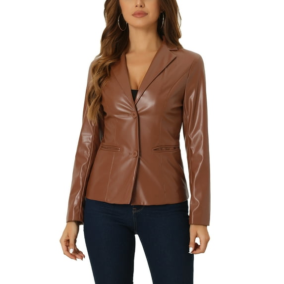 INSPIRE CHIC Women's Faux Leather Jacket Notched Lapel Button-Down Blazer Coat with Pockets L Brown