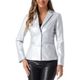 thumbnail image 1 of INSPIRE CHIC Women's Faux Leather Jacket Notched Lapel Button-Down Blazer Coat with Pockets M Silver, 1 of 6