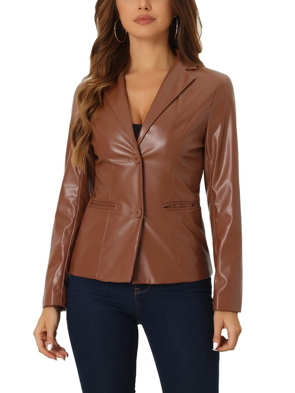 Women's Faux Leather Jacket Notched Lapel Button-Down Blazer Coat with Pockets S Brown