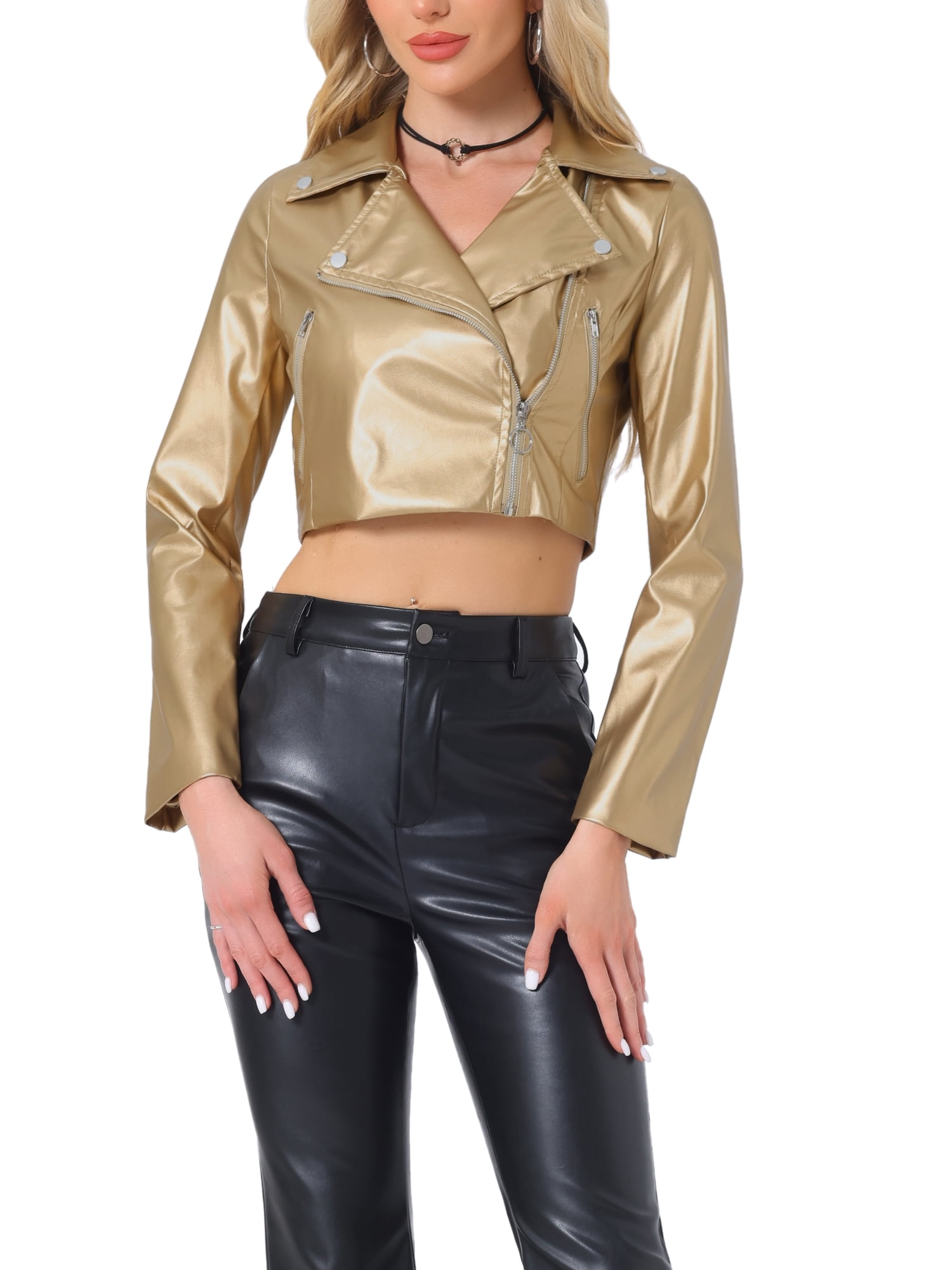 INSPIRE CHIC Women's Faux Leather Long Sleeve Zipper Up Moto Cropped Jacket  S Gold