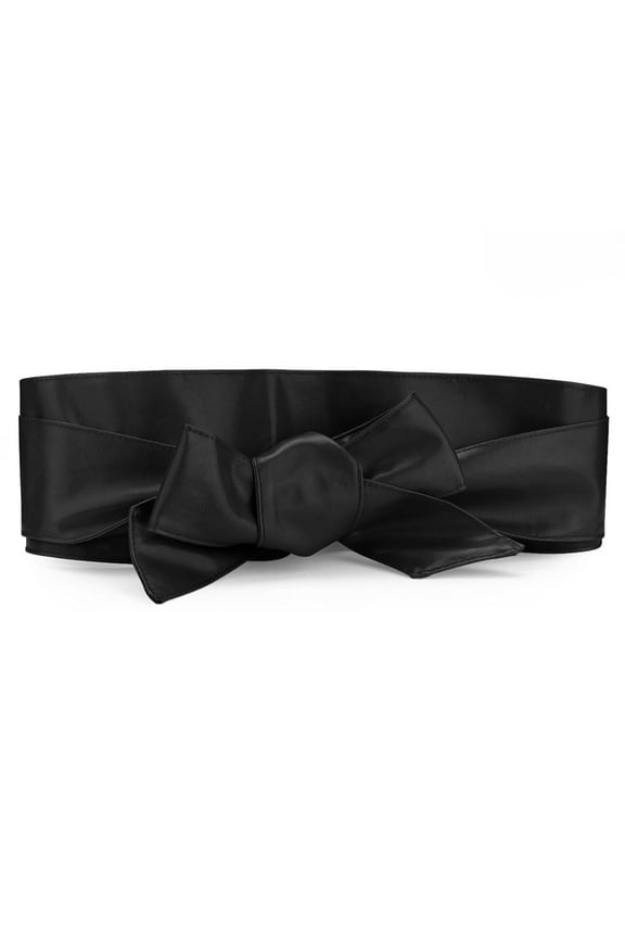 Ladies Faux Leather Self Tie Bowknot Wide Waist Band Sash Obi Belt for Dresses one size Black
