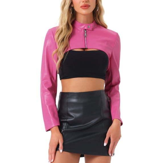 INSPIRE CHIC Women's Faux Leather Stand Collar Zipper Front Long Sleeve Cropped Jacket L Hot Pink