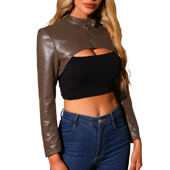 INSPIRE CHIC Women's Faux Leather Stand Collar Zipper Front Long Sleeve Cropped Jacket M Brown