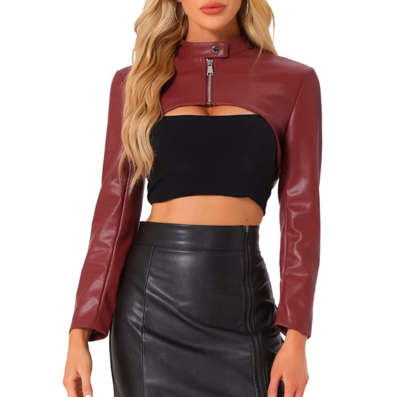 INSPIRE CHIC Women's Faux Leather Stand Collar Zipper Front Long Sleeve Cropped Jacket M Dark Red