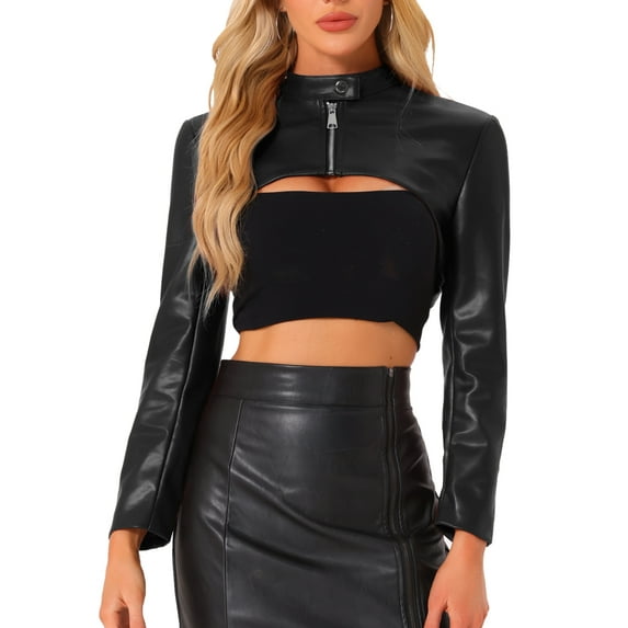 INSPIRE CHIC Women's Faux Leather Stand Collar Zipper Front Long Sleeve Cropped Jacket S Black