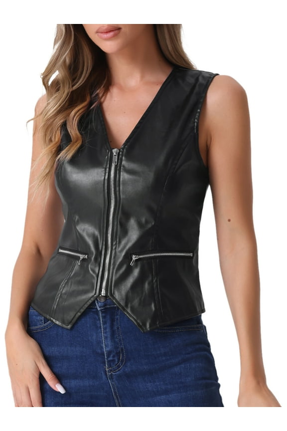 Women's Faux Leather Waistcoat V Neck Sleeveless Zipper Vintage Vest Jacket XL Black