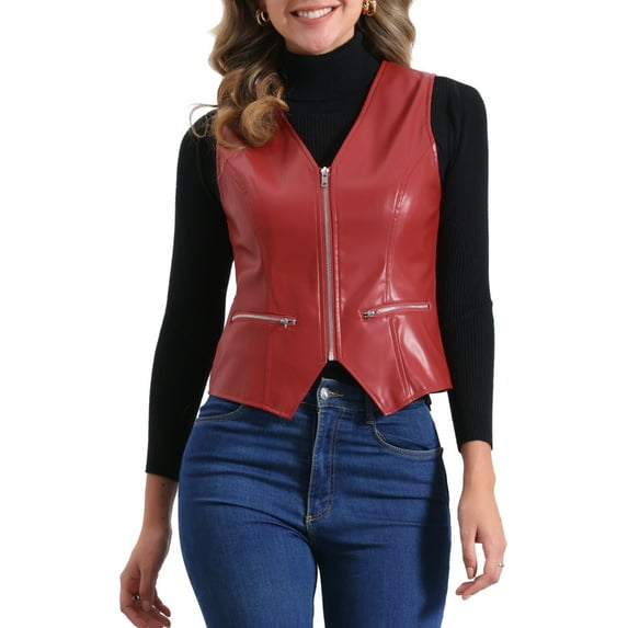 INSPIRE CHIC Women's Faux Leather Waistcoat V Neck Sleeveless Zipper Vintage Vest Jacket XL Red
