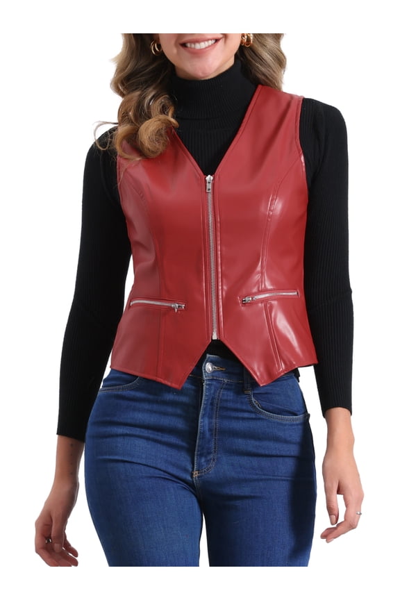 Women's Faux Leather Waistcoat V Neck Sleeveless Zipper Vintage Vest Jacket XS Red