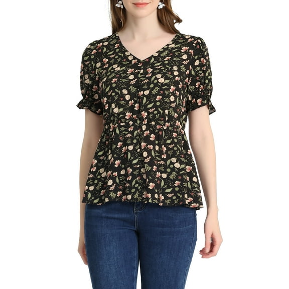 INSPIRE CHIC Women's Faux Placket Ruffle Hem Puff Sleeve Button Decor Peplum Top S Black