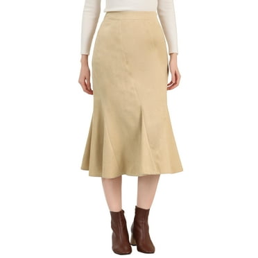 INSPIRE CHIC Women's Faux Suede A-Line Elastic Back Retro Work Fall Midi Skirt S Apricot