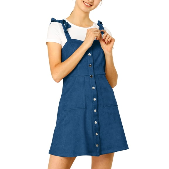 INSPIRE CHIC Women's Faux Suede A Line Short Button up Overall Dresses M Royal Blue